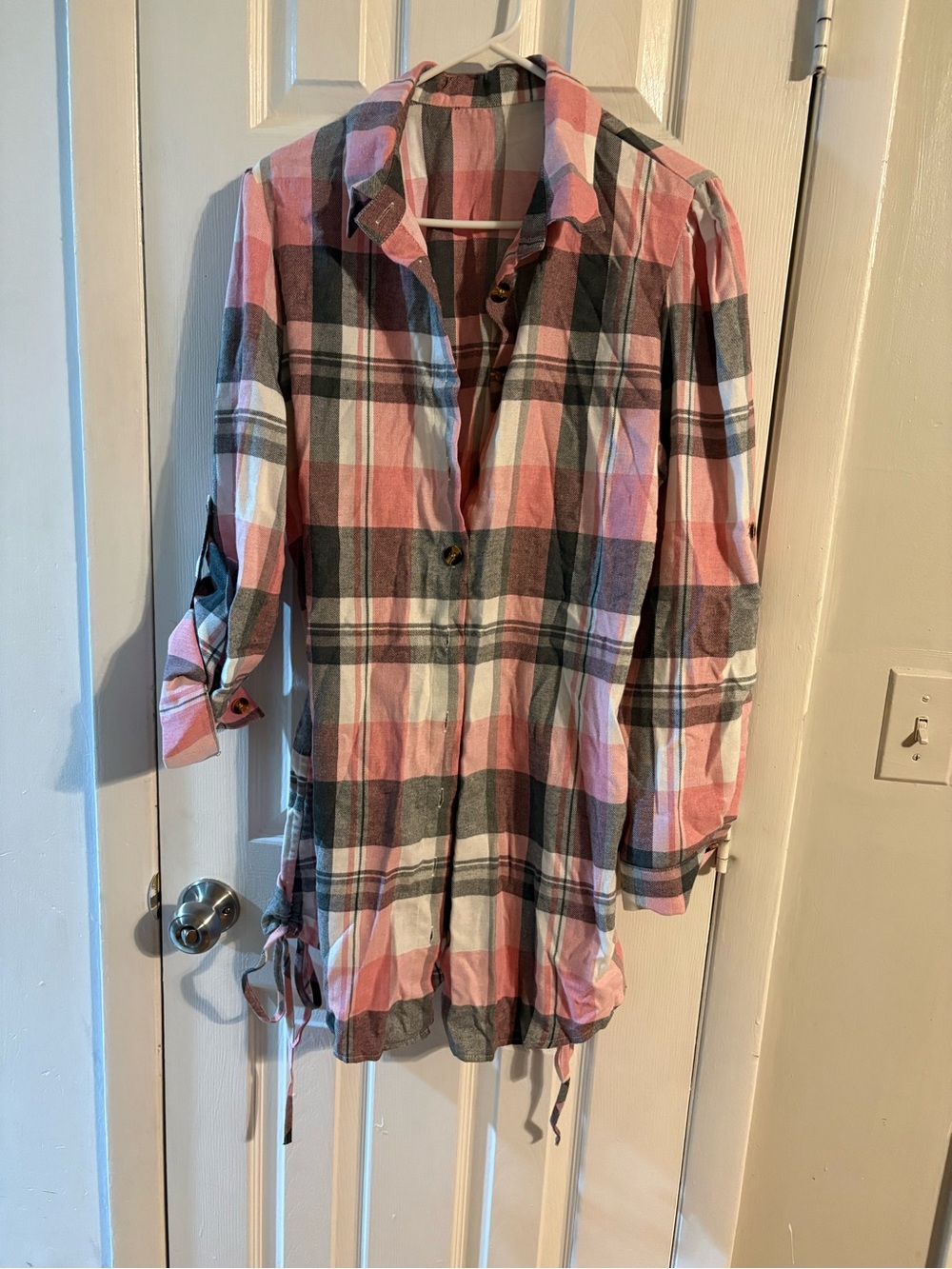 Long-Sleeve Pink and Gray Plaid Shirt Dress